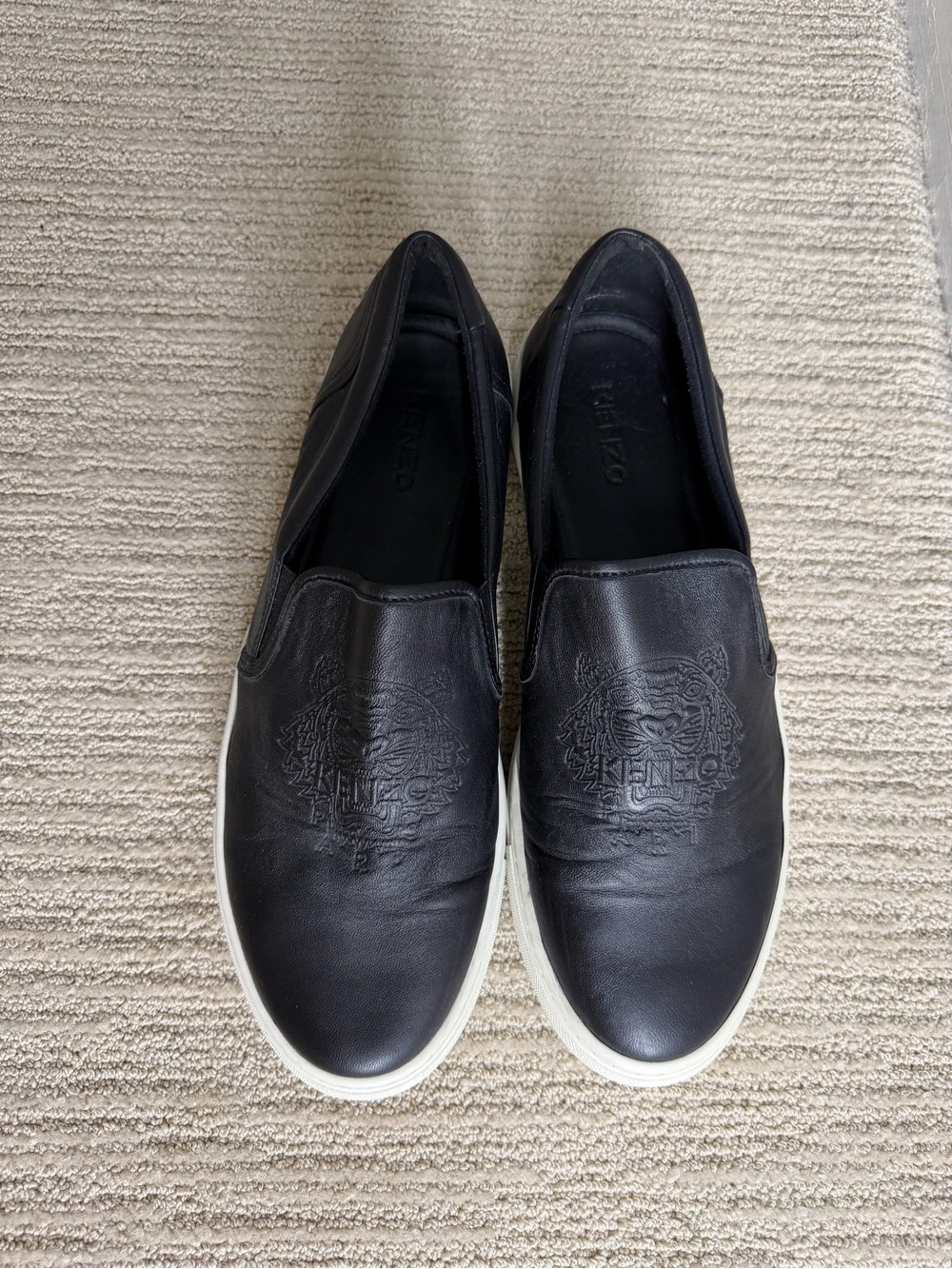 Kenzo Black Leather Embossed Tiger Slip-On Sneakers with White Sole